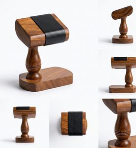 Wooden <b>Watch</b> Stand With <b>Black</b> <b>Leather</b> Pad Rectangle Holder Modern Handmade Tabletop Decoration - Product Image 4