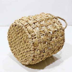 ตะกร้าเก็บของทรงกลมลายตารางผ้าลายดอกผักตบชวาพร้อมหูหิ้วเชือก - Product Image 4