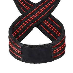 Correa de levantamiento de pesas en forma de 8, de nailon negro con costuras rojas, cierre de velcro, ajustable, para gimnasio, unisex. - Product Image 6