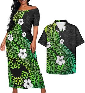 Vestidos de pareja con estampado tribal polinesio personalizado, vestidos casuales de diseñador con hombros descubiertos, vestidos de fiesta hawaianos con flores, vestidos largos con volantes para mujer - Product Image 1