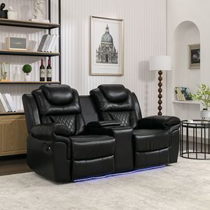 Reclinabile per Home Theater nero con portabicchieri a striscia luminosa a LED e ripostiglio per soggiorno - Product Image 1