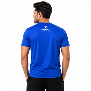 T-shirt sport bleu à manches courtes, coupe classique, séchage rapide, en jersey tricoté, col rond, logo imprimé sur le devant, en coton biologique - Product Image 4