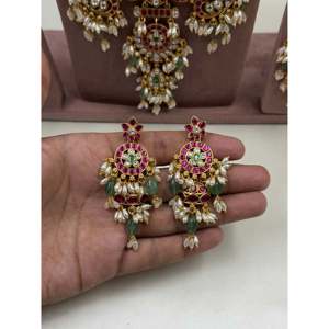Indian Ethnic Prabha Jadau Kundan Bridal Jewelry Set-Gold Plated CZ Earring Combo - Product Image 3