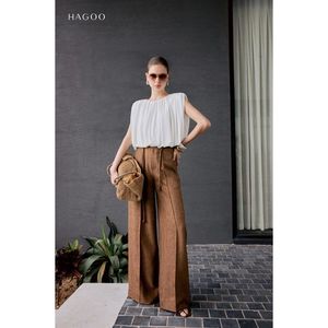 Q760 Women <b>Linen</b> Pant Set Sleeveless Pleated <b>Top</b> and Wide Leg Full Length Trousers Summer Outfit - Product Image 1