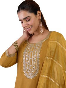 Women's Mustard Cotton Salwar Kameez Set With Embroidered Neckline And Dupatta Casual Traditional Wear India Pakistan Style - Product Image 3