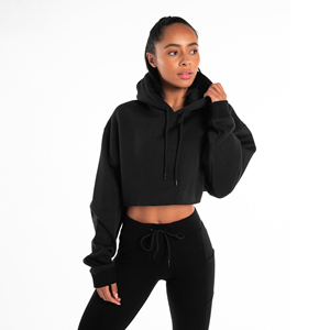 Sweat-shirt à capuche court noir pour femme, couleur unie, décontracté, à manches longues, tricoté, respirant, pour l'automne - Product Image 6