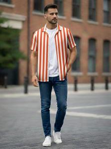 Custom Hand Drawn Batik Printed 100% Cotton Fabric Formal Men's <b>Shirt</b> <b>Button</b> Half Sleeve Striped Eco-Friendly Breathable Casual - Product Image 6