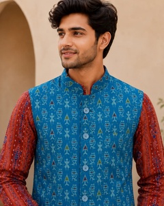 Men Blue Cotton Nehru <b>Jacket</b> With Digital Print Pattern Regular Fit Traditional Indian Pakistani Style <b>Wedding</b> Wear - Product Image 2