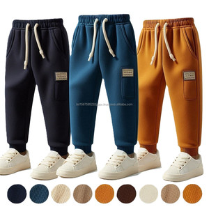 Pantalones de chándal para niños, cintura elástica, cordón de algodón, tejido de lana sólida, pantalones de chándal rectos informales acanalados, ropa deportiva para correr - Product Image 5