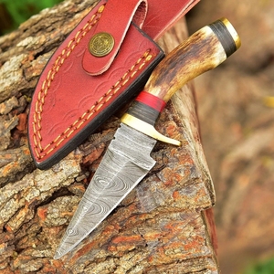 Cuchillo de desollar de acero de Damasco hecho a mano con hoja de punta caída y mango de cuerno y madera, cuchillo de camping para hombre - Personalizable ODM/OEM/OBM - Product Image 4