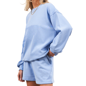 Ensemble de shorts tricotés bleu clair 2 pièces pour femmes, manches longues, col rond, coupe ample, décontracté, pour le printemps et l'été - Product Image 2