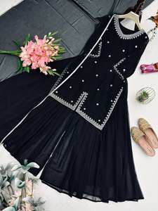 Elegante Conjunto Sharara de Georgette Negro con Bordado Intenso, Estilo Antra, Sin Arrugas, de Secado Rápido, para Fiestas Étnicas, Estilo Pakistaní - Product Image 4