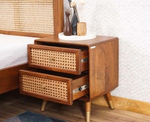 Modern Wood Nightstand With Rattan Weave Drawers 2 Drawer Bedroom Furniture Midcentury Design <b>Storage</b> <b>Side</b> <b>Table</b> - Product Image 3