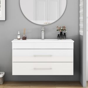 Mobile Bagno Sospeso Bianco Lucido da 36 Pollici con Doppio Cassetto, Sistema Soft-Close, Lavabo in Ceramica e Maniglia Lunga in Metallo - Facile Installazione - Product Image 1