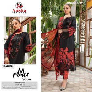 Conjunto de Salwar-Kameez de Diseño Moderno en Algodón con Parches Estampados y Bordados en Rojo y Negro, Semi-cosido, Compra en Línea en India - Product Image 2