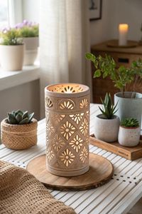 Lanterne décorative moderne en céramique, porte-bougie, design ajouré, lampe LED pour bougie chauffe-plat, pour la décoration intérieure et les cadeaux - Product Image 5