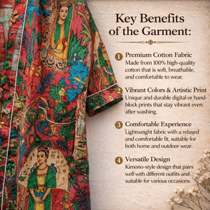 Robe Kimono en Coton Imprimé Artistique à Manches Longues avec Ceinture, Peignoir Léger pour la Détente, Robe de Chambre en Coton pour Spa - Product Image 6