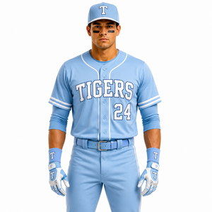 Tigers Baseball Uniform Set Light Blue Jersey Pants 24 Tackle Twill Print Men's Regular Fit All Seasons - Product Image 1