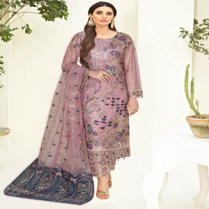 Ramsha Nayab ชุดซาริผ้าชิฟฟ่อน3ชิ้นหรูหราตราปากีสถานชุดทางการดั้งเดิมชุดเดรสสำหรับงานปาร์ตี้เย็บเครื่องประดับสำหรับผู้หญิง - Product Image 2