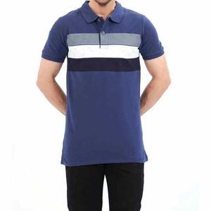 Men's Short Sleeve Color Blocked <b>Polo</b> Shirt Regular Fit Casual Striped Knitted Design Blue With <b>White</b> And Gray Bands - Product Image 1