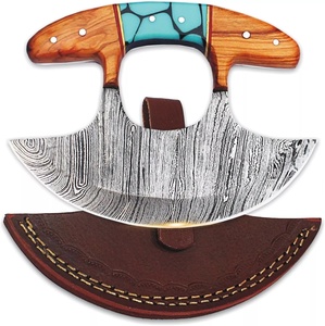 Couteau Ulu personnalisé en acier Damas Nordic Forge, fourreau en cuir, manche en bois d'olivier et résine, couteau à pizza, lame de 5 pouces, OEM - Product Image 1