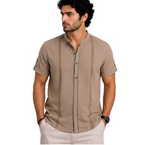 Camisa Casual de Lino y Algodón para Hombre, Color Caqui, Cuello Mandarín, Manga Corta, Transpirable, Verano, Bordada, Manga Enrollable, Personalizada OEM - Product Image 1