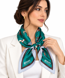 Pañuelo de satén para mujer con estampado ecuestre en verde azulado, diseño de caballo, tacto de seda, cuello cuadrado, borde en contraste, logotipo personalizado, accesorio de moda - Product Image 2