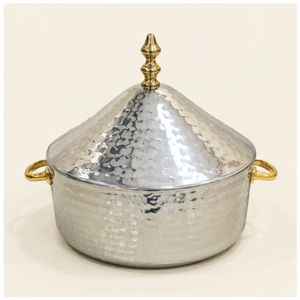Plat de service en acier inoxydable martelé à double paroi isolé avec poignée dorée pour buffet d'hôtel et traiteur - Product Image 3