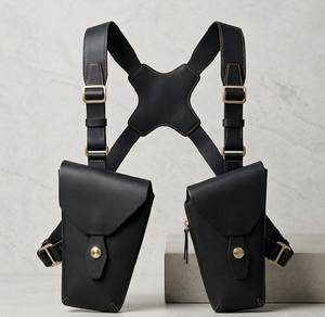 Sac à bandoulière tactique FAZMAX en cuir véritable noir, unisexe, avec doublure en cuir véritable, fermeture éclair, sangle détachable - Product Image 2