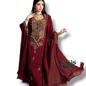 Ensemble 2 pièces de luxe AWAIS HOUSE pour femmes musulmanes, robe longue en velours uni perlé, coupe trapèze, pour soirée/formelle - Product Image 1