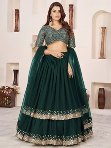 Dark Green Solid <b>Sequin</b> Georgette Chiffon Woven A-Line Floor Length Unstitched Women's Lehenga Choli <b>Top</b> Set for Party - Product Image 1