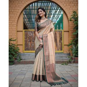 Modieuze Kanjivaram Zijden Zari-Toonwerk <span class=keywords><strong>Saree</strong></span> Met Ongestikt Blouse <span class=keywords><strong>Chikoo</strong></span>-Kledingstuk