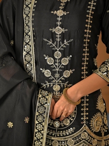 Elegant vichitra silk sharara palazzo suit with <b>sequins</b> embroidery full sleeves <b>top</b> and matching dupatta graceful ethnic festive - Product Image 6