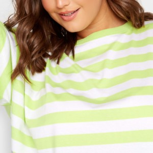 Camiseta de Mujer, Corte Regular, a Rayas, Cuello Redondo, Manga Corta, Verde y Blanca, Tejido de Punto Jersey, 100% Algodón Orgánico, Verano, Denim - Product Image 2