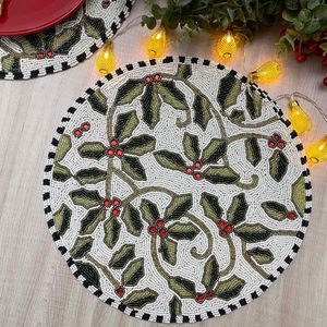 Luxury Handmade Beaded Placemat <b>Round</b> <b>Table</b> <b>Mat</b> Decorative Dining <b>Table</b> Setting Christmas Holly Design Custom Home Decor - Product Image 3