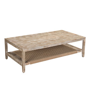 Mesa de centro rústica de madera maciza con estante de almacenamiento de yute tejido, acabado en blanco envejecido, mesa de cóctel para la sala de estar del hogar - Product Image 1