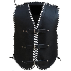 Gilet en cuir noir à col en V pour homme grande taille, qualité export premium, avec fermeture à boucle en toile brodée, vêtement d'extérieur - Product Image 1