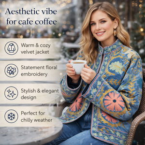 Blouson Bomber en Velours Artisanal Premium pour Femme avec Broderie Florale et Col Montant – Veste Décontractée – Vente Directe Usine - Product Image 5