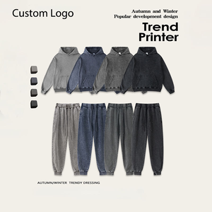 Custom Puff Print Design 420G 100% Cotton Baggy Sun Fade Acid Wash Distressed <b>Jogger</b> <b>Cuffed</b> Sweatpants Vintage <b>Men</b> Hoodie Set - Product Image 1