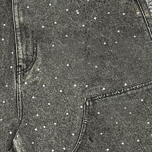 Shorts en jean baggy pour homme, longs, surdimensionnés, en denim épais, noir délavé, cloutés de strass, à double genouillère, style charpentier - Product Image 6