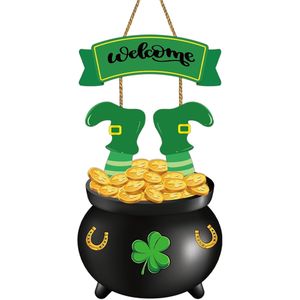Decorazioni per il Giorno di San Patrizio: Ghirlanda in Legno, Appendiporta, Barattolo Portamonete Dorato, Decorazione per Ingresso Principale con Leprechaun, Insegna da Parete con Barattolo Portamonete Dorato - Product Image 1