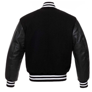 Vestes de baseball pour hommes Napoleon en laine noire avec manches en cuir véritable noir, style universitaire, vente en gros - Product Image 2