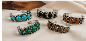 Handcrafted Gemstone Cuff <b>Bracelet</b> Brass Silver Plated Multi Stone Bangle Gothic <b>Boho</b> Statement Jewelry Custom Stone Options - Product Image 4