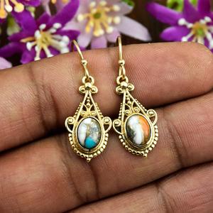 Pendientes de Oro con Gema de Turquesa de Ostra Espinosa, Estilo Boho, Modernos, en Forma de Lágrima, Pendientes de Diseño con Filigrana, Joyería Fina al por Mayor - Product Image 2