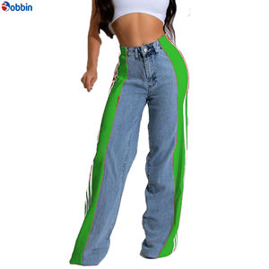 Pantalones Vaqueros con Rayas Laterales y Logotipo Personalizado para Mujer, Ropa de Moda, Pantalones de Pierna Ancha con Parches y Cintura Alta, Pantalones Rectos de Mezclilla - Product Image 4