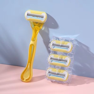 <b>Yellow</b> Manual Razor With 4 Blade Shaving Heads For Body Hair Removal Plastic Handle Disposable Razor Set With custom logo - Product Image 1