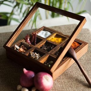 Handcrafted Wooden Masala Box with Compartments Spoon – Multipurpose <b>Spice</b> <b>Storage</b> Organizer with Transparent Lid - Product Image 4
