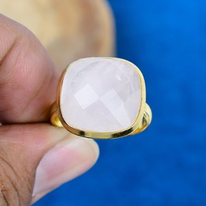 Natural Rose Quartz Gemstone Cushion Shaped <b>Ring</b> 18k Gold Micron Over 925 Sterling <b>Silver</b> - Product Image 2