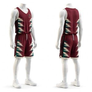 Tenue de basketball pour homme NEXTEX, maillot sans manches et short en polyester avec imprimé Chevron Glitch bordeaux et turquoise, kit de sublimation - Product Image 1