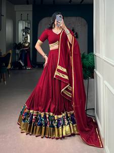 Traditional Wedding Wear <b>Women</b> Navratri Special Rayon Multicolored Embossed Printed Lace Work Floor-Length <b>Lehenga</b> Choli Sun - Product Image 3
